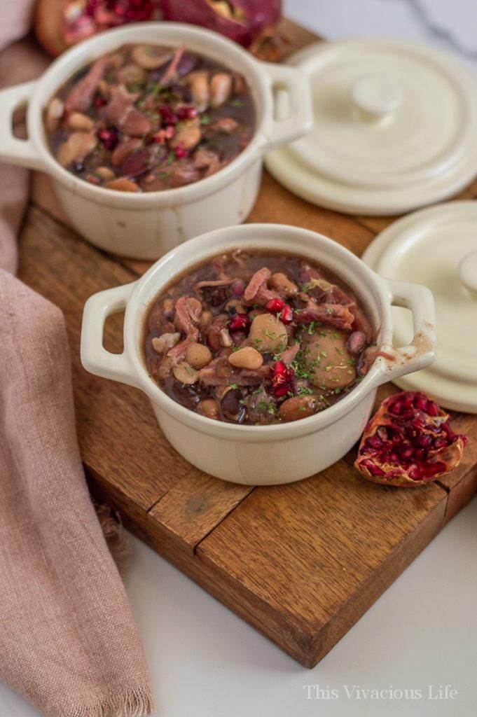 This slow cooker ham and bean soup is so warm and filling. The fresh pomegranate adds so much freshness! While you can let it sit and cook all day in the slow cooker, you can also whip it up even quicker in your Instant Pot. Either way, it is sure to fill hungry bellies during those cold winter months. I love the this soup is great for using your leftover Thanksgiving ham!