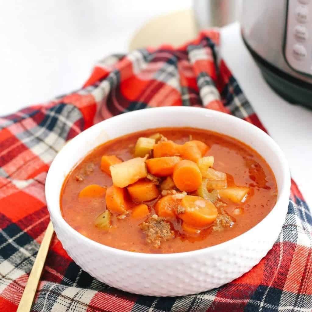 Instant Pot Hamburger Soup in white bowl