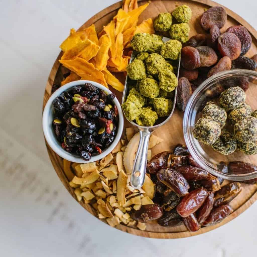 Vegan Charcuterie Board overhead shot on a wood board