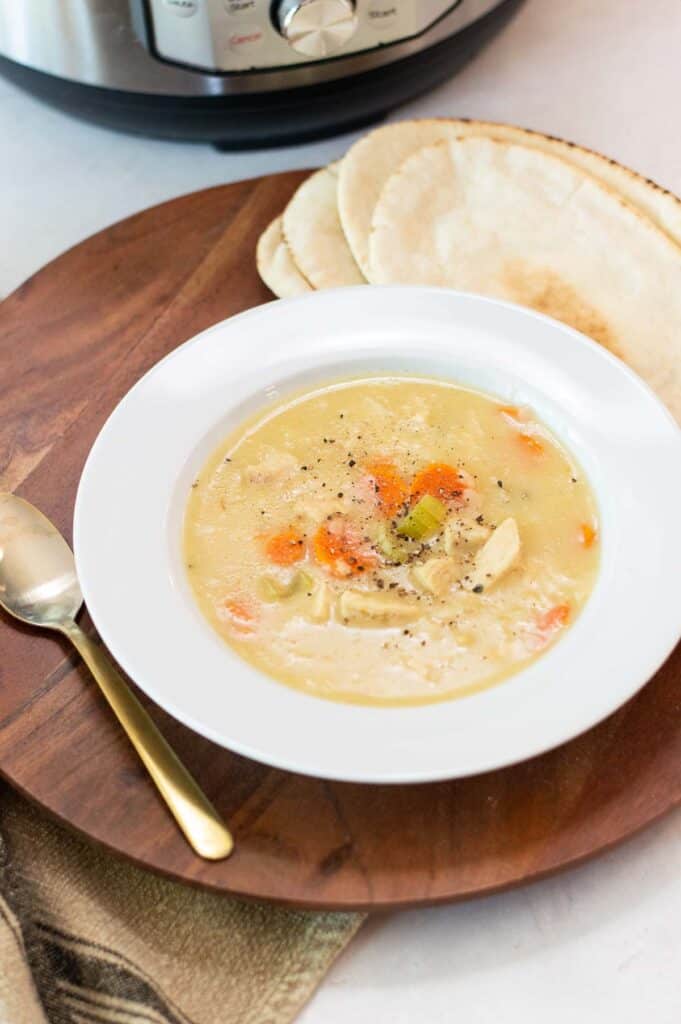 Instant Pot Chicken Noodle Soup in a white bowl