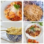 Gluten Free Pasta Recipes a collage Mac and cheese, pomodoro, egg noodles and parmigiana