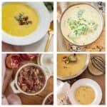 Gluten Free Soup Recipes collage, in white bowls or with beans