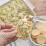 cracker in hand with artichoke dip