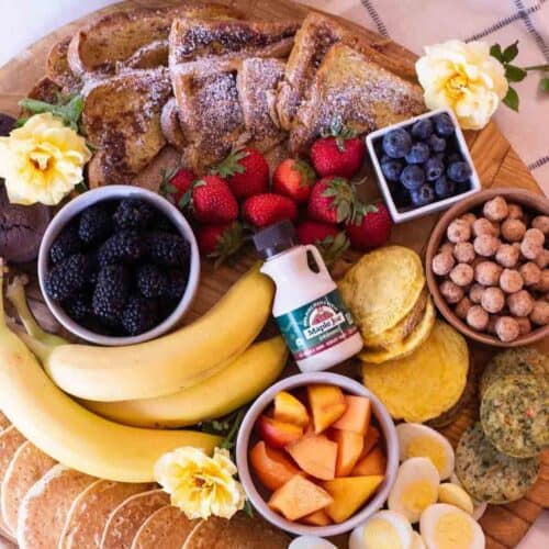 Breakfast Charcuterie Board with pancakes, French toast, fruit and more