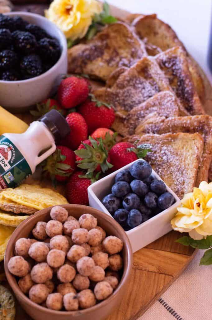 Breakfast Charcuterie Board with blueberries, French toast, strawberries and more