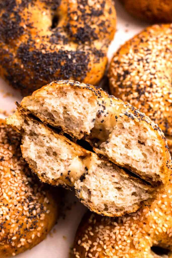 Gluten Free Bagels cut in half to show the texture